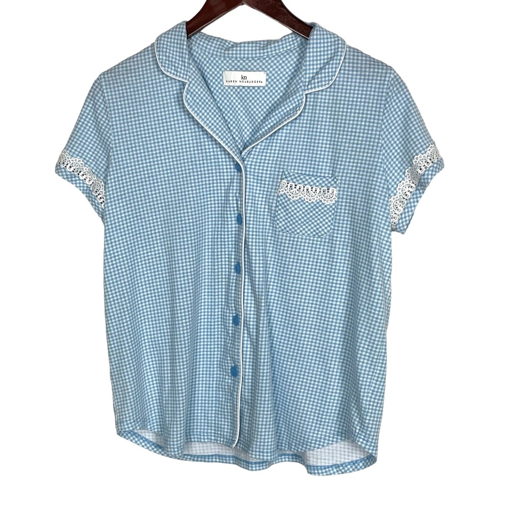 Karen Neuburger Blue and White Checkered Button Down Pajama Top Size Small